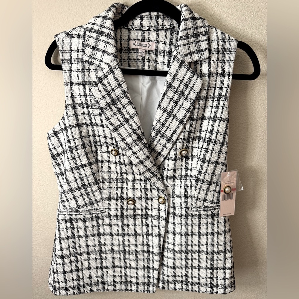nanette by Nanette Lepore Sleeveless Tweed Blazer, Black/Cream Plaid, NWT, XS